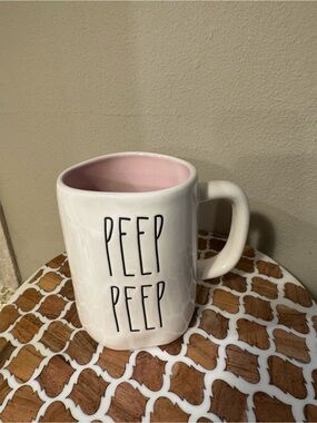 Rae Dunn White Ceramic Mug with Pink Interior - 'PEEP PEEP'